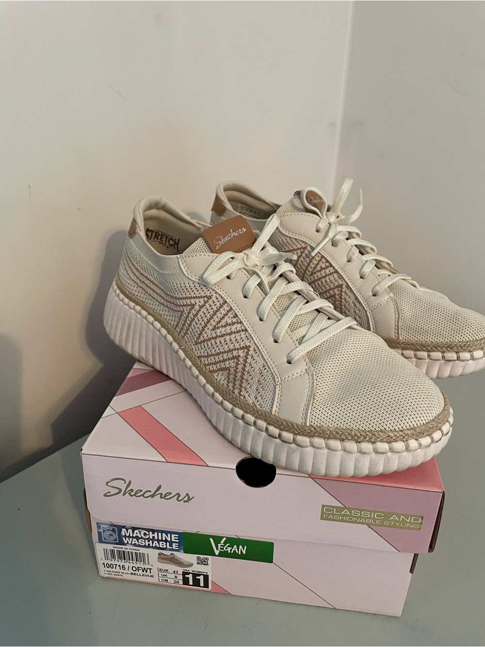 Skechers Women's Wiltshire Blvd Bellevue Cream and Tan Knit Slip-On Sneaker